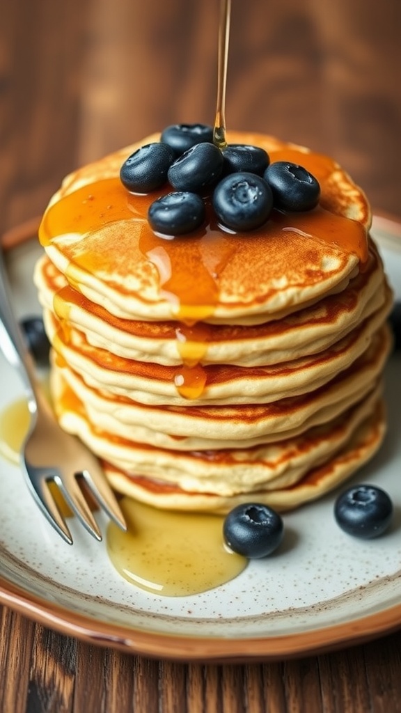 Fluffy vegan pancakes topped with blueberries and maple syrup on a rustic plate.